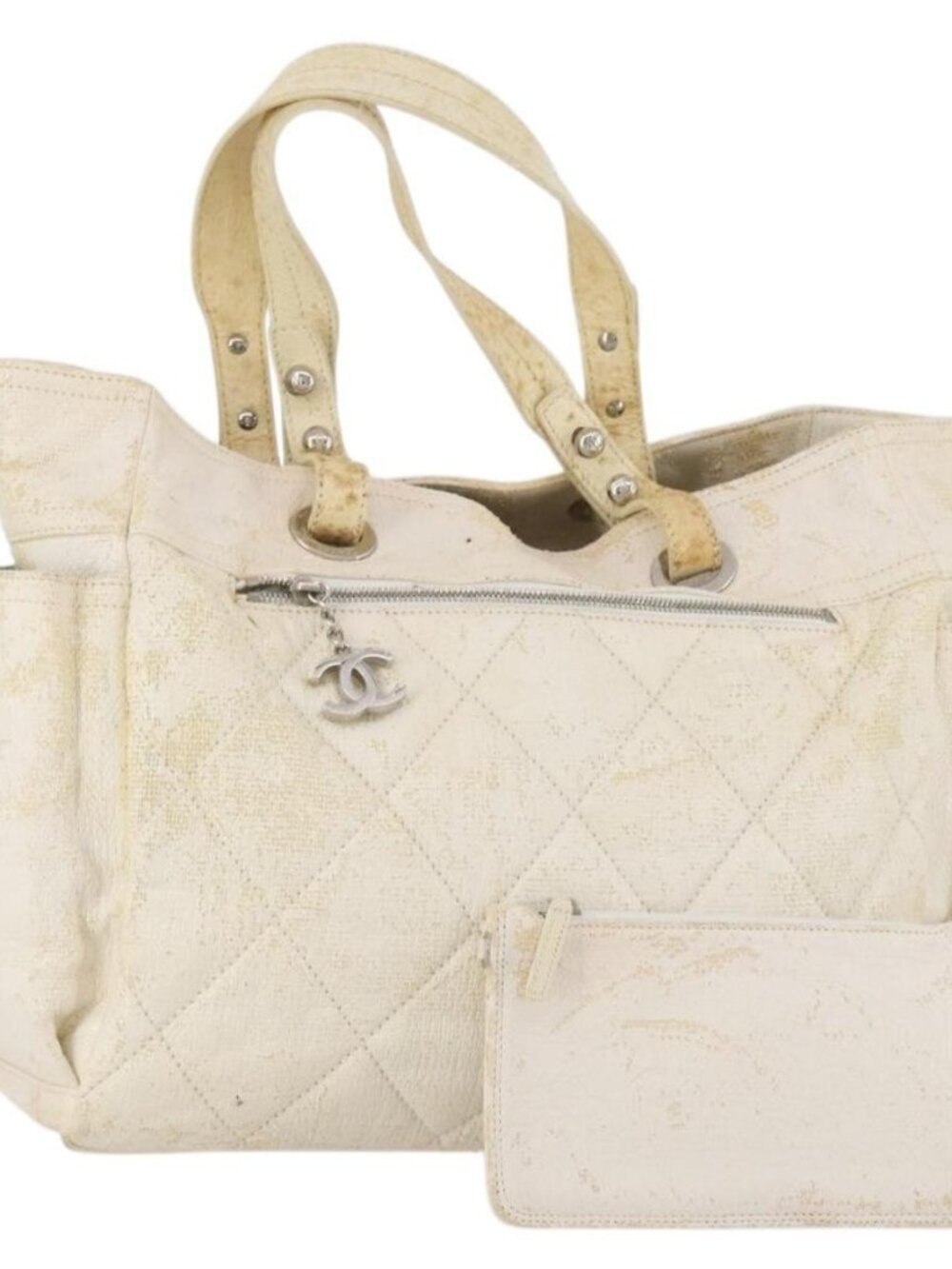 CHANEL Paris Biarritz GM Hand Bag Canvas White Silver CC Auth 185503